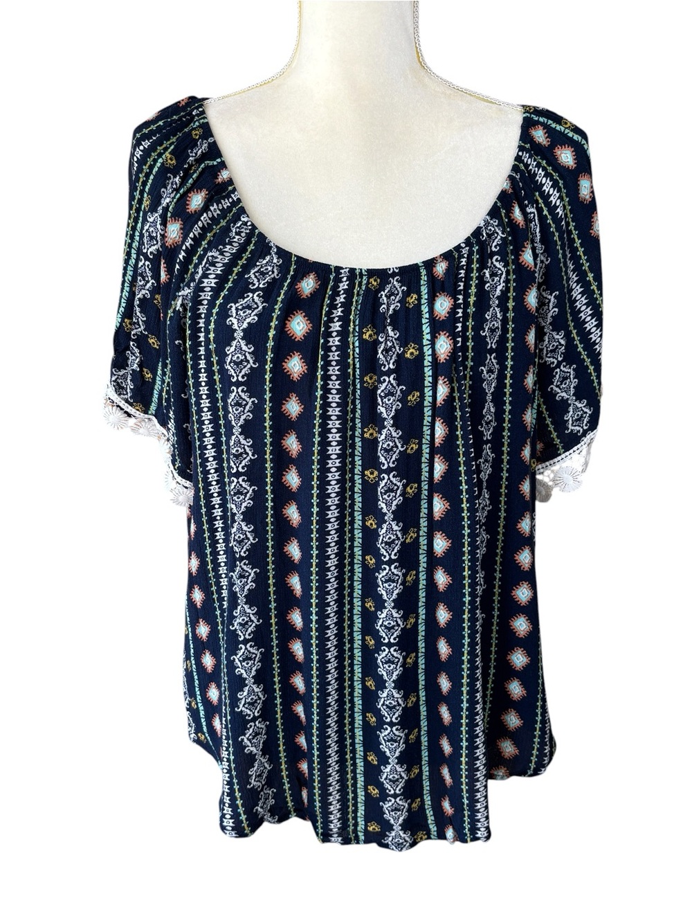 CUKY blouse, size 1X, boho, crochet, summer, beach, party, geometric, vacation